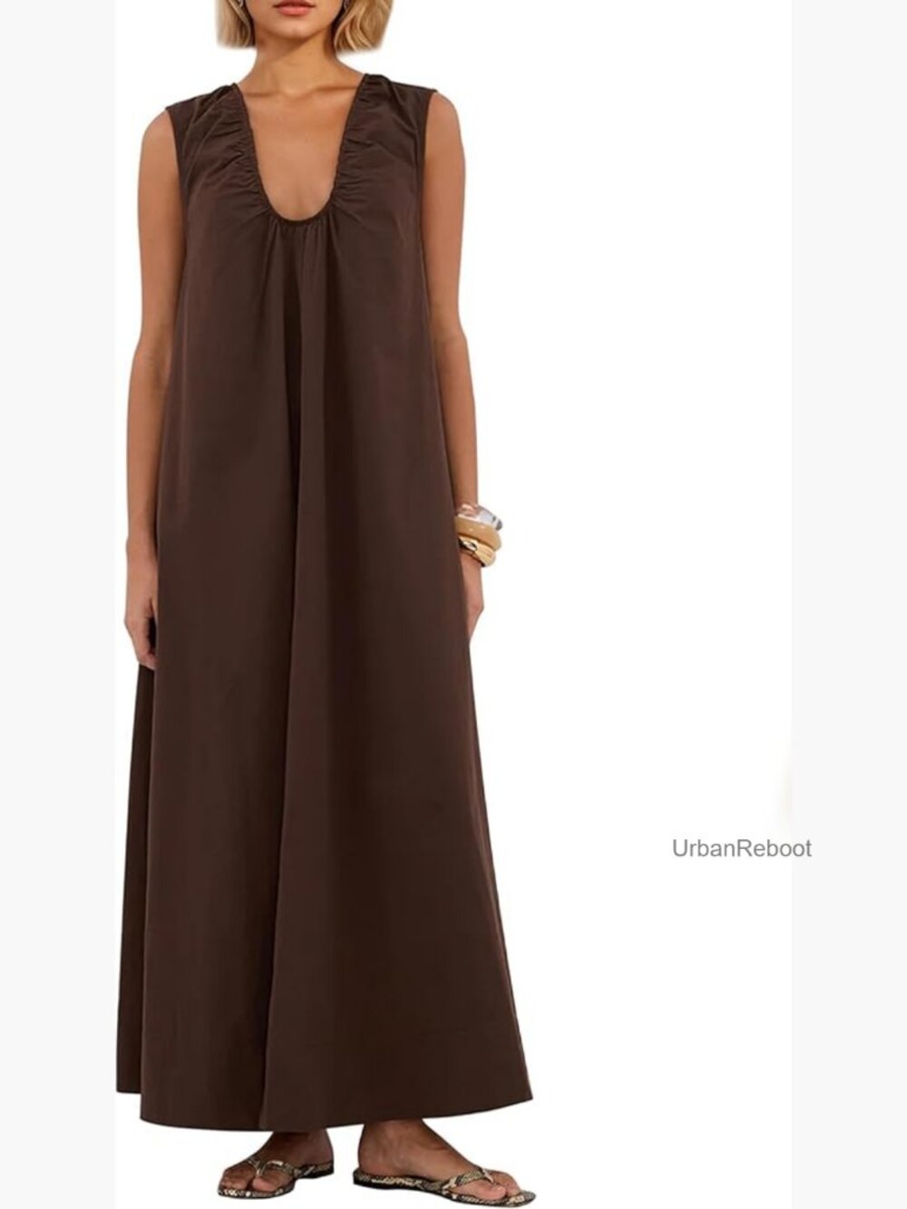 Sleeveless Ruched Maxi Dress Scoop Neck Long Elegant Dresses with Pockets